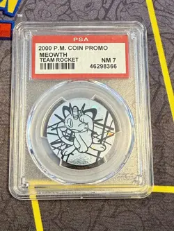 2000 Vintage Pokemon Rocket Set Promo Holo Meowth coin PSA 7 Near Mint - Image 1