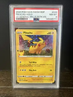2021 Pokemon General Mills Pikachu TCG Promo SWSH039 25 th Anniversary PSA 8 - Image 1