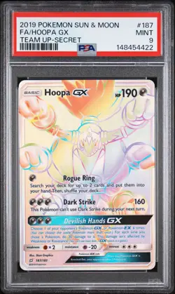 2019 Pokemon S&M Team Up Hoopa GX Rainbow Secret Rare #187 | PSA 9 MINT - Image 1