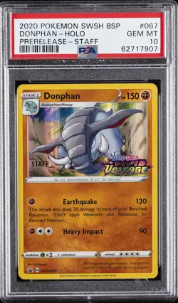 2020 POKEMON SWSH BLACK STAR PROMO PRERELEASE-STAFF #067 DONPHAN-HOLO PSA 10 - Image 1