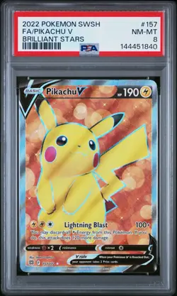 Pokemon Pikachu V (Full Art) 157/172 Swsh09: Brilliant Stars Holo PSA 8 - Image 1