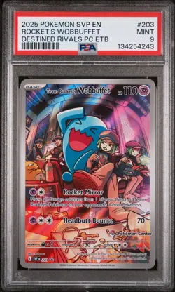 2025 POKEMON CENTER DESTINED RIVALS ETB PROMO 203 TEAM ROCKET'S WOBBUFFET PSA 9 - Image 1