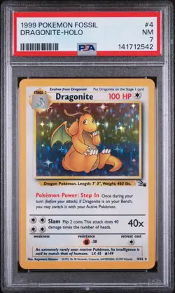 1999 POKEMON FOSSIL #4 DRAGONITE-HOLO PSA 7 - Image 1
