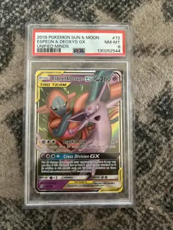2019 Pokemon Sun & Moon Espeon Deoxys GX Unified Minds PSA 9 - Image 1