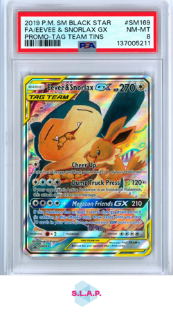 FA/EEVEE & SNORLAX GX PRM-TAG TEAM TINS POKEMON SM BLCK STR PRM 2019 SM169 PSA 8 - Image 1