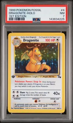 1999 POKEMON FOSSIL 1ST ED #4 DRAGONITE-HOLO PSA 7 - Image 1