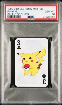 1999 BICYCLE POKEMON MINI PLAYING CARDS BLUE DECK 3 OF CLUBS PIKACHU PSA 10 - Image 1