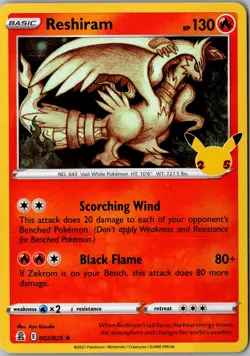 Reshiram Holo 002/025 Holo Rare CLB Celebrations LP Pokemon Card - Image 1