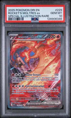 2025 POKEMON DRI EN-DESTINED RIVALS #229 TEAM ROCKET'S MOLTRES EX PSA 10 - Image 1