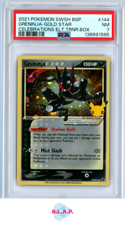GRENINJA-GOLD STR CELEB ELT.TRNR.BOX POKEMON SWSH BLCK STR PRM 2021 144 PSA 7 - Image 1