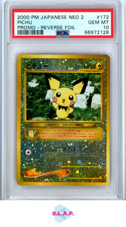 PICHU POKEMON/NINTENDO 172 2000 NEO 2 REVERSE HOLO WITH SWIRL JPN PSA 10 - Image 1