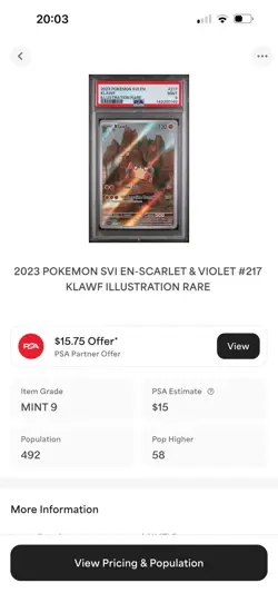 POKEMON PSA 9 KLAW ILLUSTRATION RARE 217/198 SCARLET e VIOLET ENGLISH 2023! - Image 4