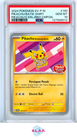 PIKACHU/BATIK SHIRT PIKACHU'S IDN.JRNY.CMPGN. POKEMON INDO-P PRM 2024 190 PSA 10 - Image 1