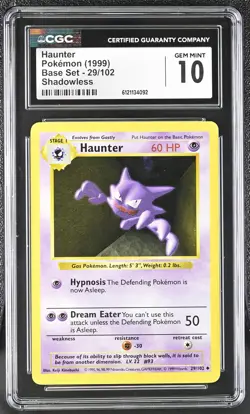 CGC 10 GEM MINT Haunter 1999 Base Set 29/102 Shadowless Pokemon Card - Image 1