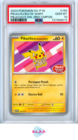 PIKACHU/BATIK SHIRT IDN.JRNY.CMPGN. POKEMON INDO SV-P PRM 2024 190 PSA 10 - Image 1