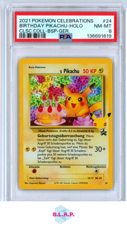 BIRTHDAY PIKACHU-HOLO CLSC.COLL-BSP-GER. POKEMON CELEB CLSC. COLL. 2021 24 PSA 8 - Image 1