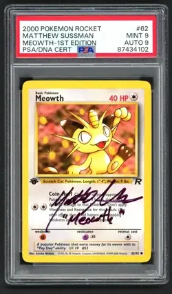Pokemon Cards - PSA 9 Auto 9 1st Edition Meowth 62/82 - Matthew Sussman Signed - Image 1