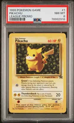 1999 Pokemon TCG Pikachu Card Ivy, Pokemon League Black Star Promo #1, PSA 8 - Image 1