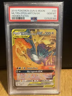 Pokemon TCG Hidden Fates Moltres & Zapdos & Articuno GX 44/68 PSA 10 Gem Mint - Image 1