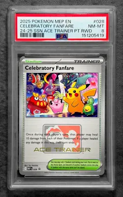 Pokemon 2025 Celebratory Fanfare Ace Trainer Promo Trophy Card #028 PSA 8 ! - Image 1