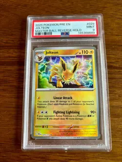 2025 POKEMON PRE EN-PRISMATIC EVOLUTIONS MASTER BALL REVERSE HOLO JOLTEON PSA 9 - Image 1