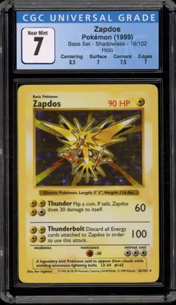 Pokemon Zapdos Base Set Shadowless Holo Rare #16 CGC 7 - Image 1