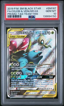 2019 POKEMON SM PROMO #SM167 ALTERNATE ART TAG TEAM CELEBI & VENUSAUR GX PSA 10 - Image 1