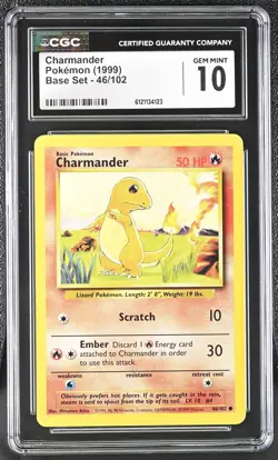 CGC 10 GEM MINT Charmander 1999 Base Set 46/102 Pokemon Card - Image 1