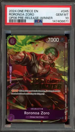 One Piece CCG Roronoa Zoro Pre-Release Winner P-045 PSA 10 Gem Mint - Image 1