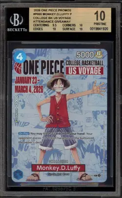 One Piece CCG Monkey.D.Luffy College Basketball US Voyage Giveaway P-055 BGS 10 - Image 1