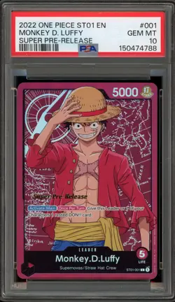 One Piece CCG Monkey.D.Luffy Super Pre-Release ST01-001 PSA 10 Gem Mint - Image 1