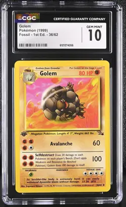 CGC 10 GEM MINT Golem 1999 Fossil 1st Edition 36/62 Pokemon Card - Image 1