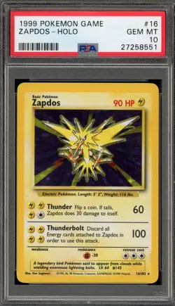 Pokemon Zapdos Base Set Unlimited Holo Rare #16 PSA 10 Gem Mint - Image 1