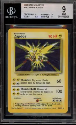 Pokemon Zapdos Base Set Unlimited Holo Rare #16 BGS 9 Mint - Image 1