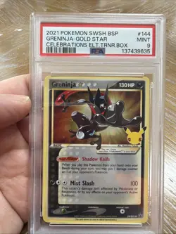 Pokemon Greninja Gold Star Celebrations ETB Black Star Holo Promo SWSH144 PSA 9 - Image 1