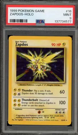 Pokemon Zapdos Base Set Unlimited Holo Rare #16 PSA 9 Mint - Image 1