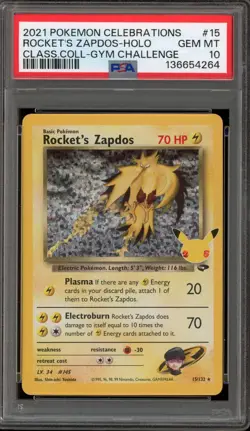Pokemon Rocket's Zapdos Celebrations Classic Coll. Gym Challenge Holo #15 PSA 10 - Image 1