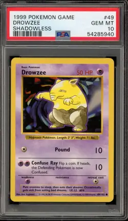 Pokemon Drowzee Base Set Shadowless #49 PSA 10 Gem Mint - Image 1