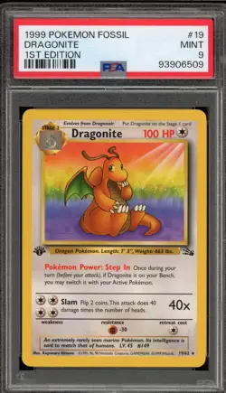 Pokemon Dragonite Fossil 1st Edition NON Holo Rare #19 PSA 9 Mint - Image 1