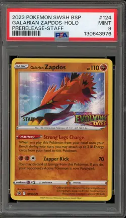 Pokemon Galarian Zapdos Evolving Skies STAFF Prerelease Promo SWSH124 PSA 9 Mint - Image 1