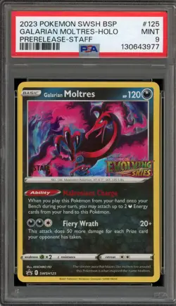 Pokemon Galarian Moltres Evolving Skies STAFF Prerelease Promo SWSH125 PSA 9 - Image 1