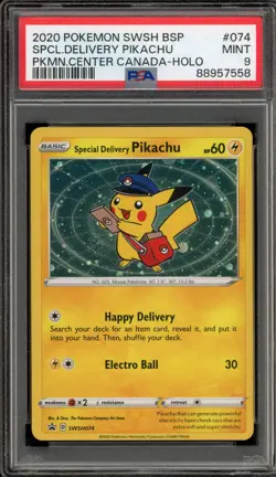 Pokemon Special Delivery Pikachu P.M. Canada Holo Promo SWSH074 PSA 9 Mint - Image 1