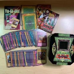 Vintage Yu-Gi-Oh! Tin w/ 90+ Cards - Playmat, Rulebook, Magic, Trap, Monster Lot - Image 1