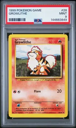 1999 POKEMON BASE SET UNLIMITED #28 GROWLITHE PSA 9 - Image 1