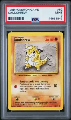 1999 POKEMON BASE SET UNLIMITED #62 SANDSHREW PSA 9 - Image 1