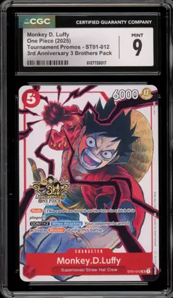 One Piece CCG Monkey.D.Luffy 3rd Ann. 3 Brothers Pk. ST01-012 CGC 9 Mint - Image 1