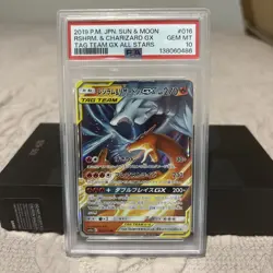 2019 POKEMON JPN SUN & MOON TAG TEAM GX ALL STARS RESHIRAM & CHARIZARD GX PSA 10 - Image 1