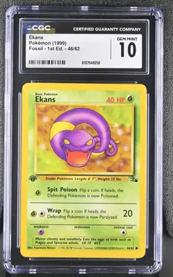 CGC GEM MINT 10 Pokemon Ekans 46/62 1999 Fossil 1st Edition - Image 1