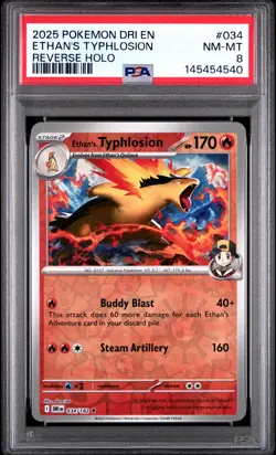 2025 POKEMON DRI EN-DESTINED RIVALS REVERSE HOLO #034 ETHAN'S TYPHLOSION PSA 8 - Image 1