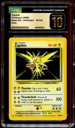 CGC 10 PRISTINE Zapdos 16/102 HOLO RARE Base Set Pokemon Card 025 - Image 1